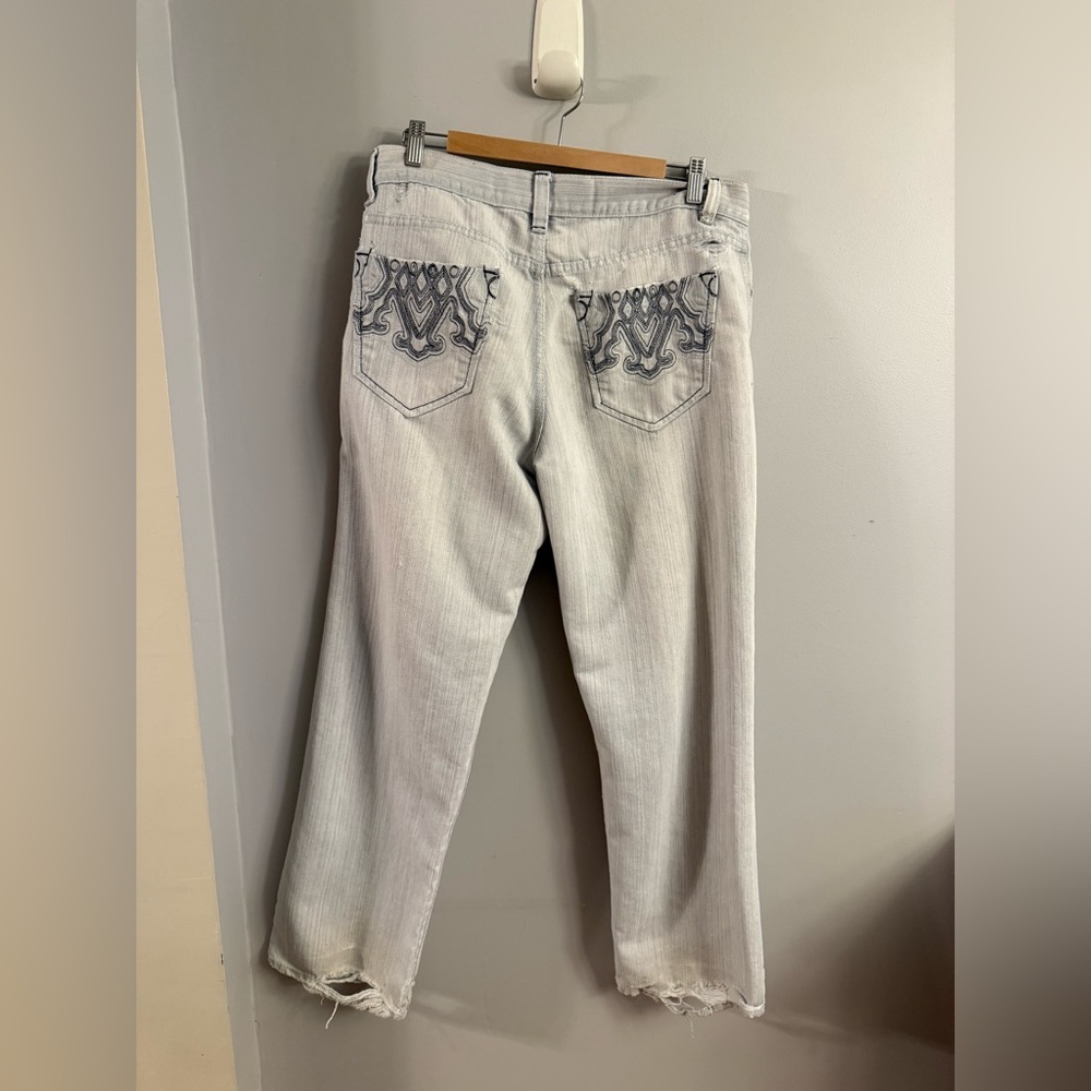 Avirex Y2K Light Wash Embroidered Pocket Jeans Distressed Hem Size 34x32